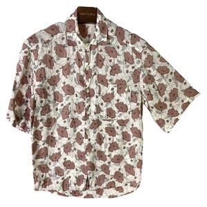 NWOT XACUS Shirt Men S ITALY Floral White Brown Linen?Pocket Button-Up Short-Slv